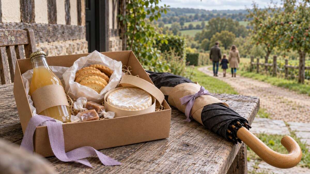 Des idées de cadeaux normands avec un coffret gourmand, un parapluie et une sortie en famille