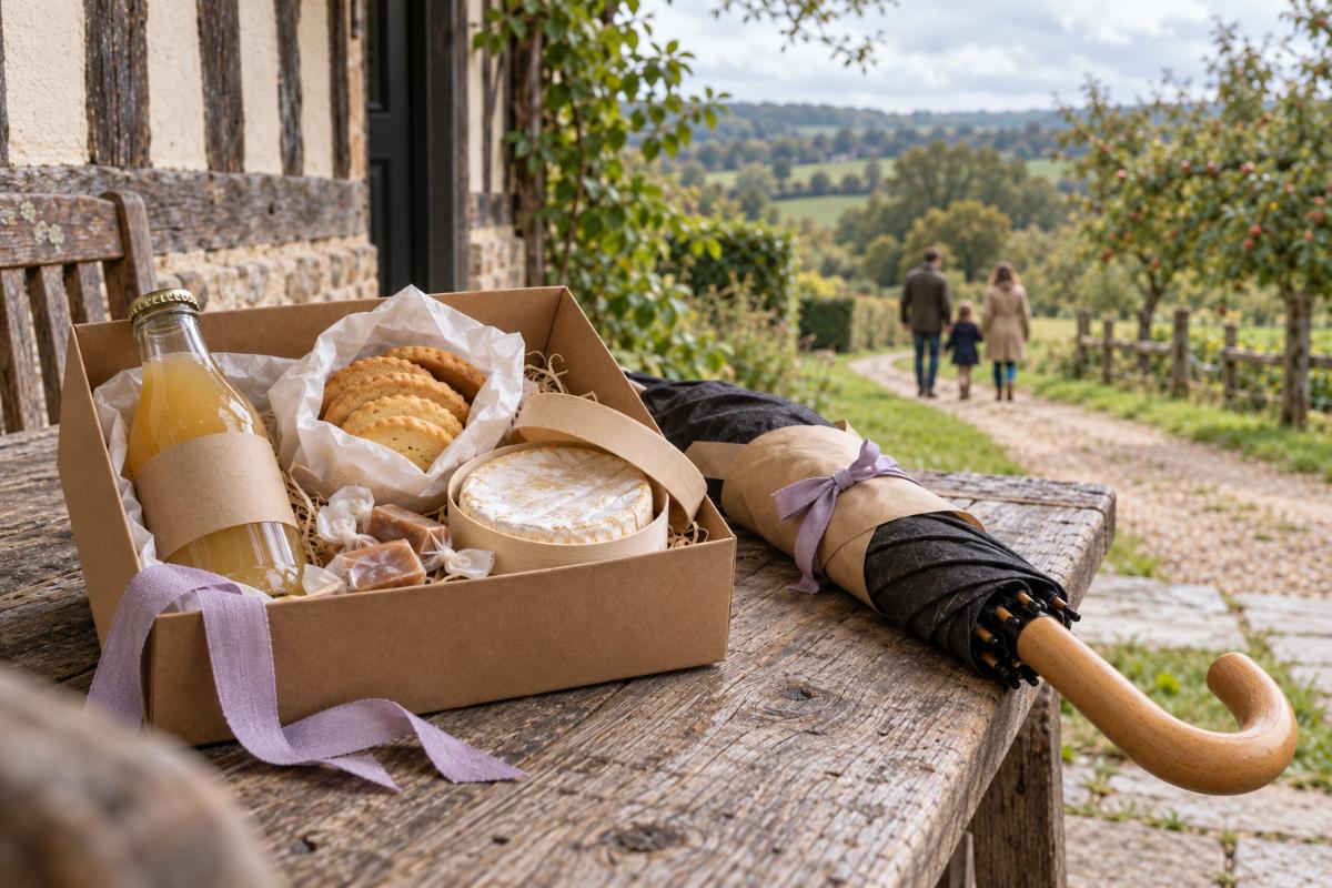 Des idées de cadeaux normands avec un coffret gourmand, un parapluie et une sortie en famille