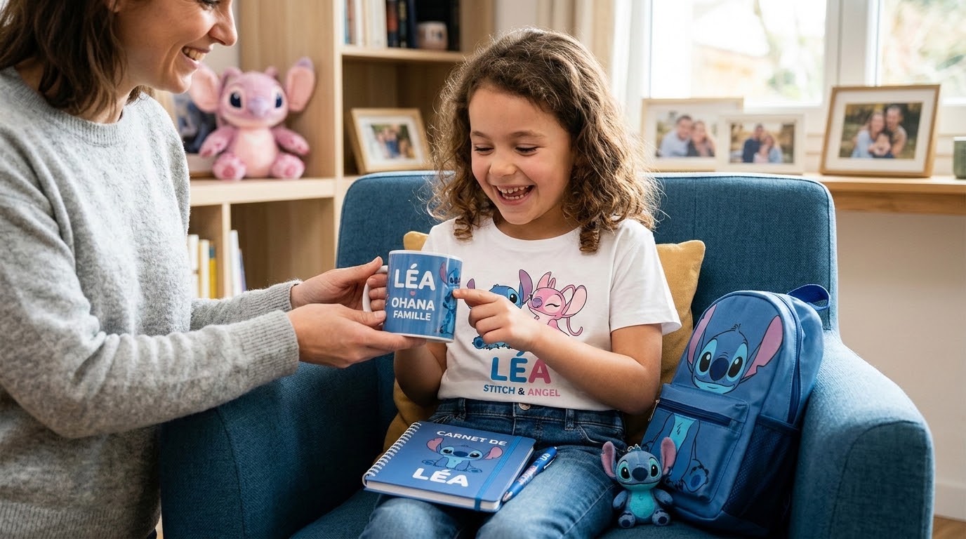 Une petite fille qui reçoit un mug et un carnet personnalisé Stitch 