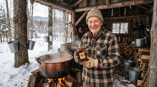 Un producteur canadien souriant tenant du sirop d'érable traditionnel dans une cabane à sucre enneigée, l'or blond phare d'une box abonnement canada.