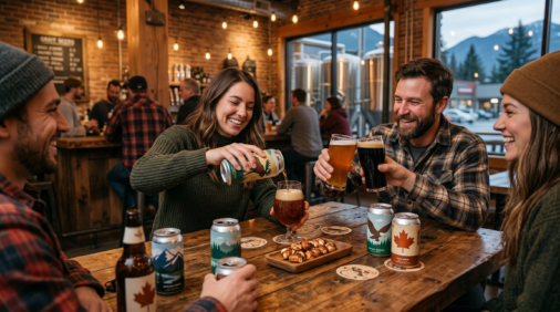 Des amis dégustant des bières de microbrasseries artisanales dans un pub chaleureux, une expérience conviviale à retrouver dans une box abonnement canada.