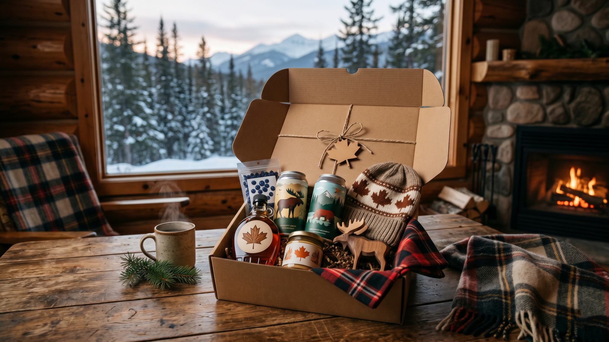 Une box abonnement canada ouverte remplie de produits typiques comme du sirop d'érable et des bières artisanales, posée dans un chalet chaleureux face aux montagnes enneigées.