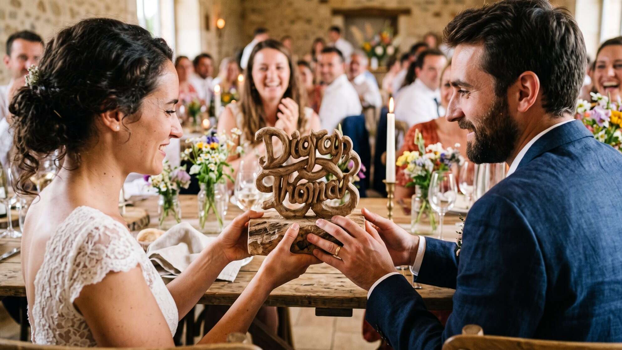 De nouveaux mariés qui présentent leur cadeau de mariage original.