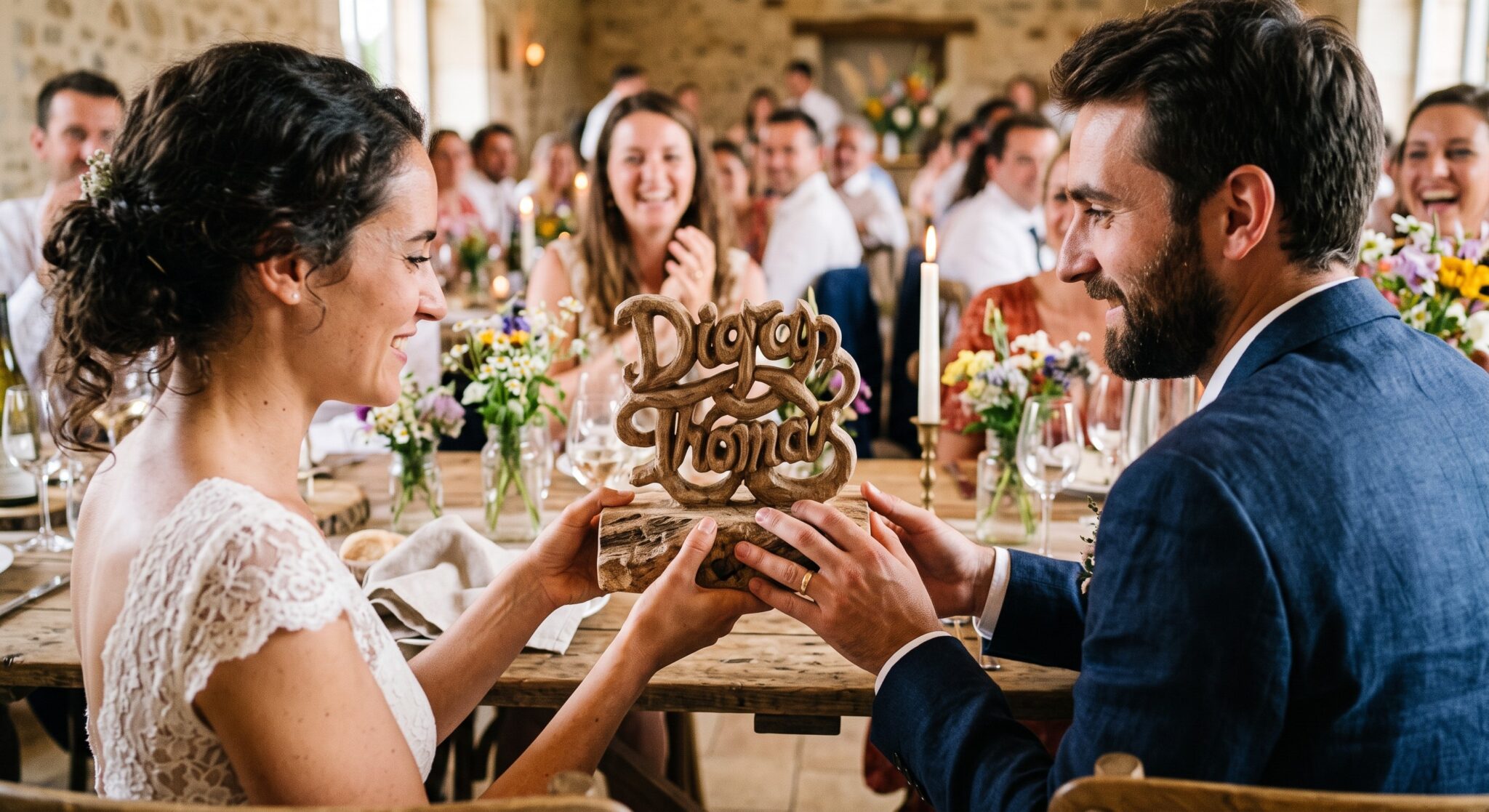 De nouveaux mariés qui présentent leur cadeau de mariage original.